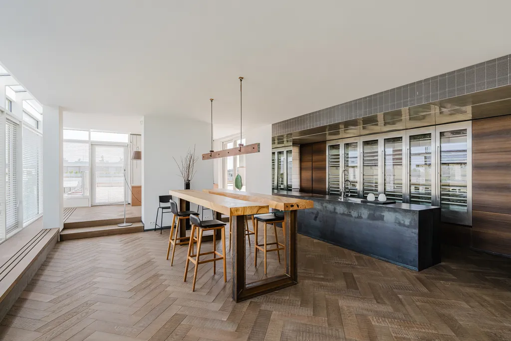 Timber bar table and a kitchen island on a raised platform
