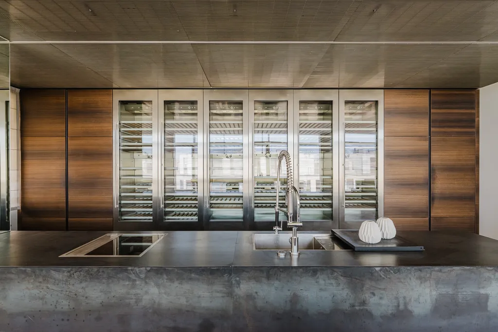 Kitchen with steel-and-glass cabinets and a raw worktop