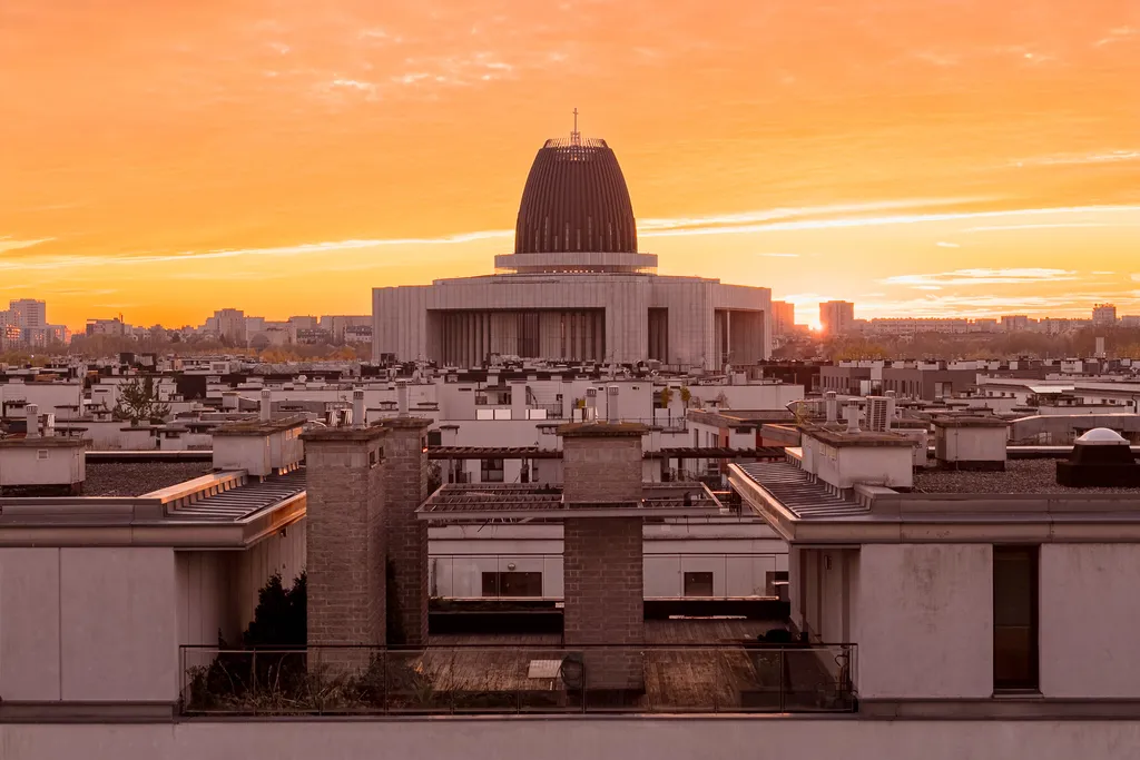 Drone view over the city rooftops