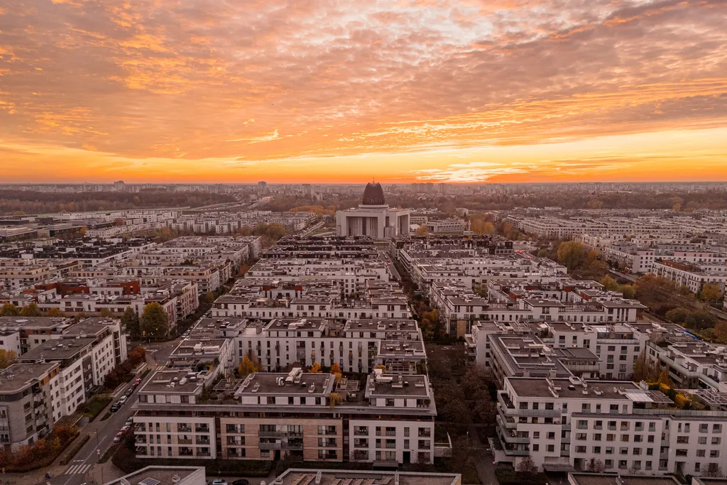 Drone view over the city rooftops