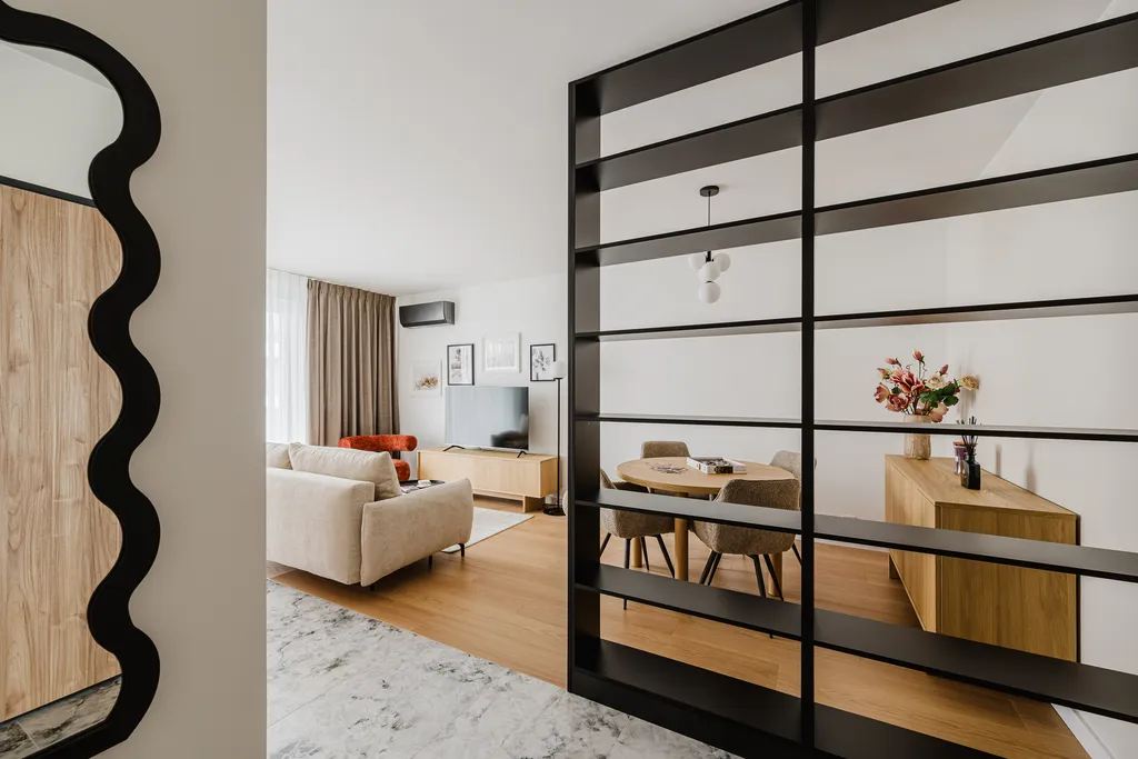 Frame from a bright apartment with wavy mirrors
