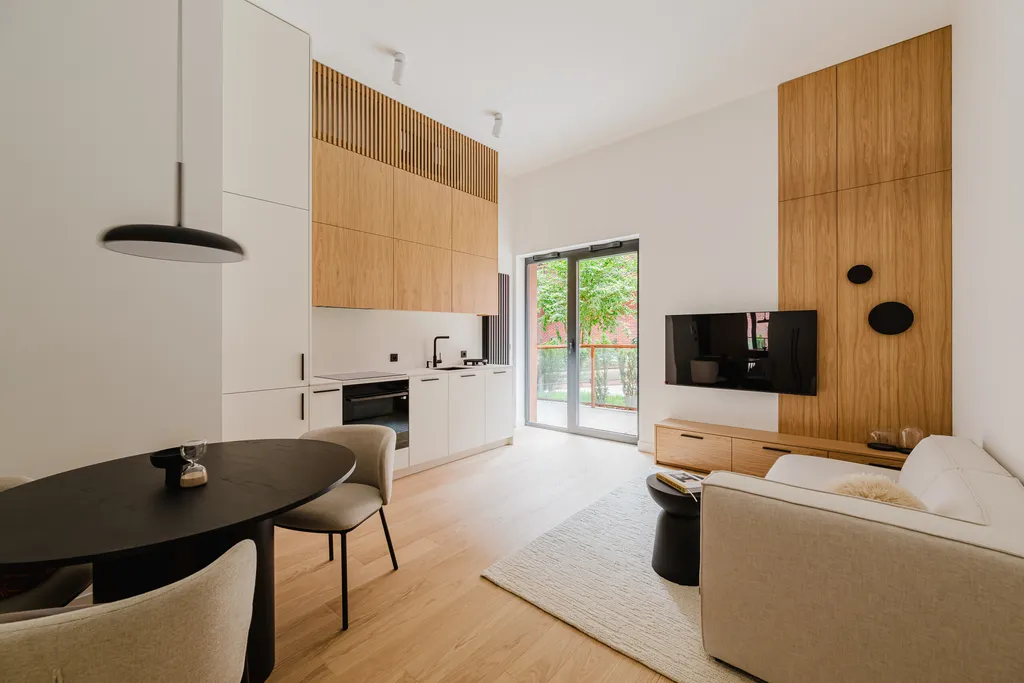 Frame from a compact apartment with oak veneer