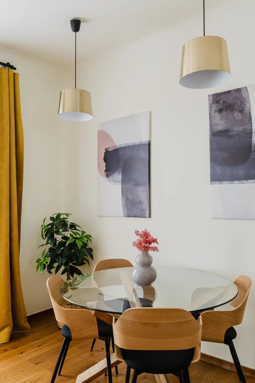 Frame from a pre-war apartment with a rust-coloured sofa