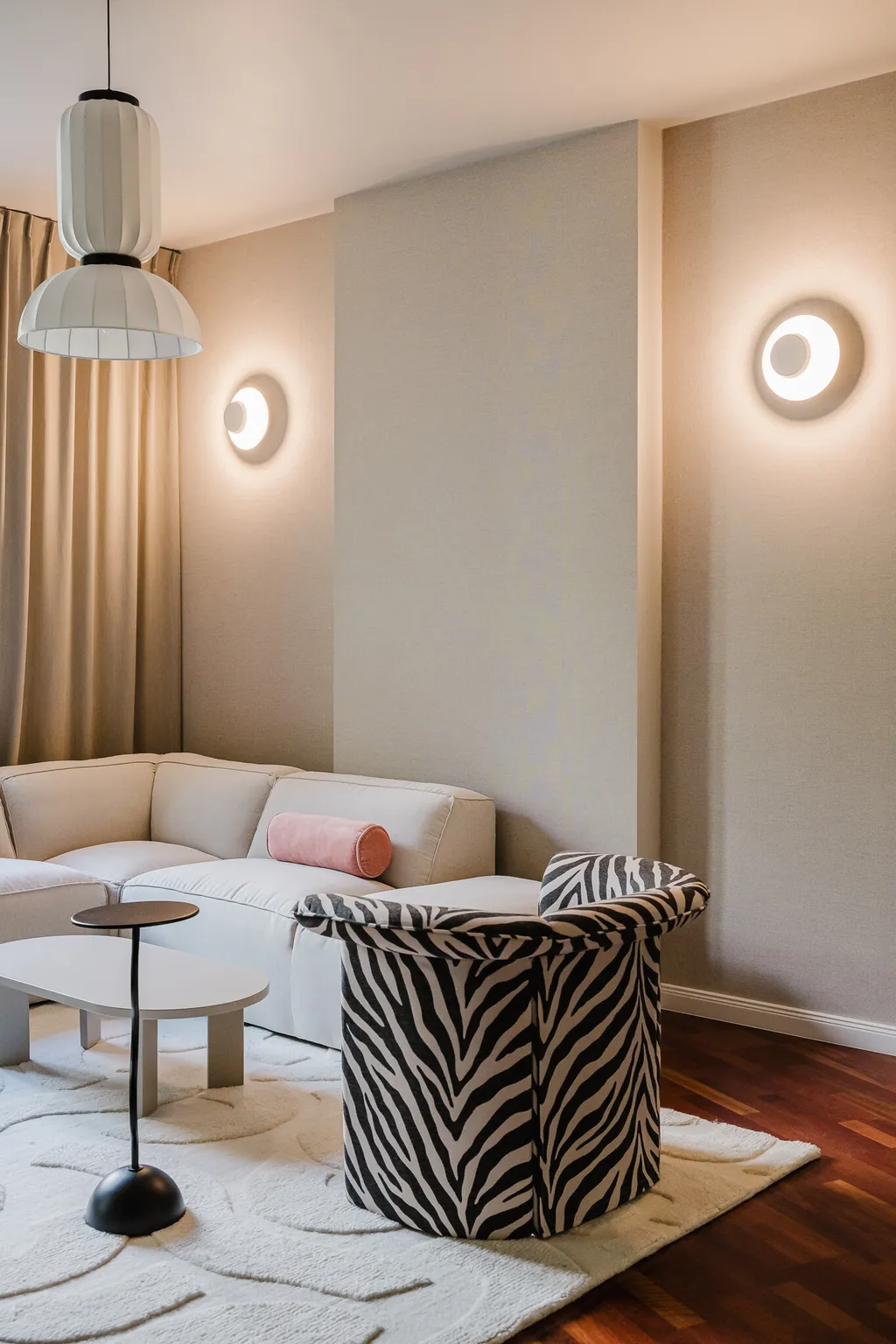 Frame from an apartment in sage tones with parquet