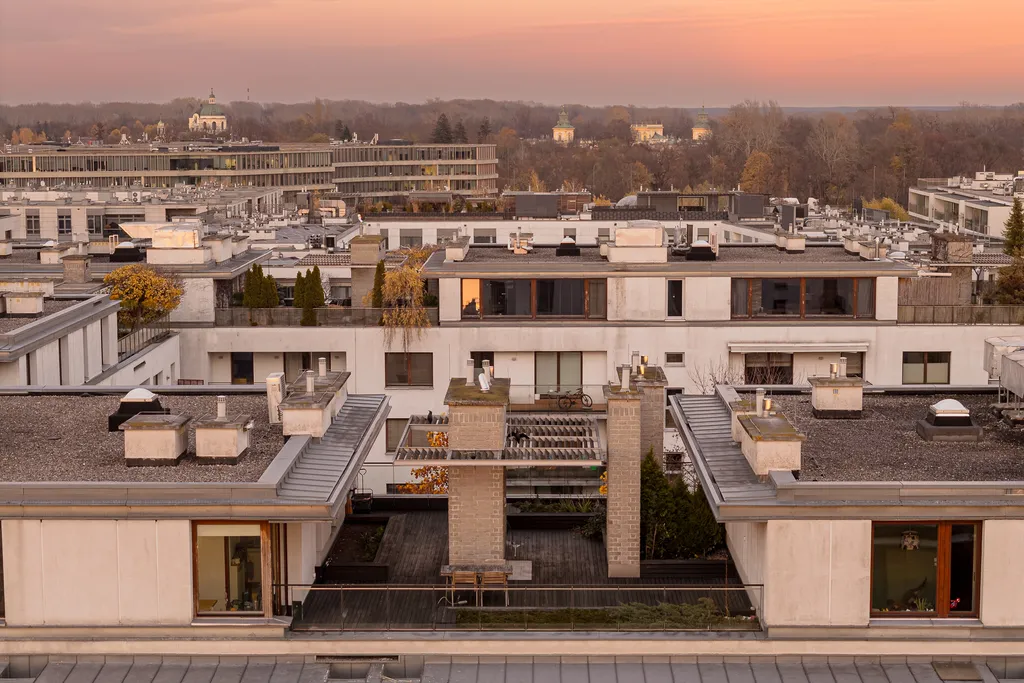 Drone view over the city rooftops